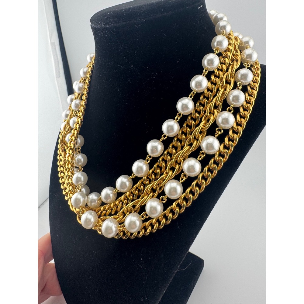 Vintage Faux Pearl Necklace Gold Tone Chunky Curb Chain Statement